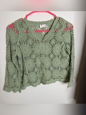 Dizzy Lizzy Sage Crochet Floral Button-Up Cardigan (see description for size)